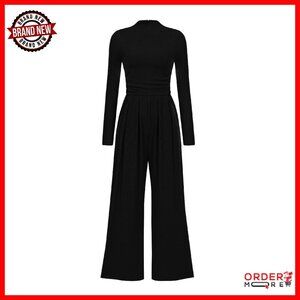 Long Sleeve Mock Neck Wide Leg Jumpsuit with Pockets - Dressy Casual